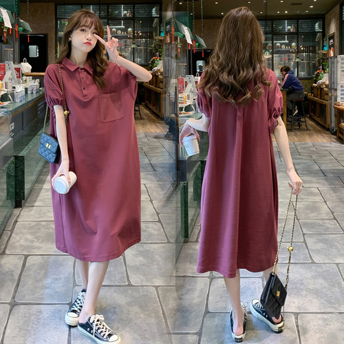 夏装大码孕妇装夏款纯棉连衣裙上衣宽松韩版翻领t恤裙子夏季长裙