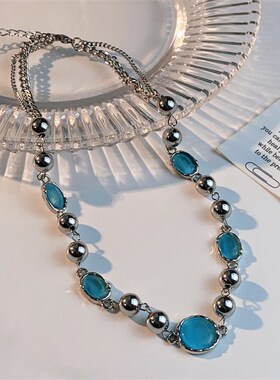 法式复古蓝色树脂几何项链宫廷风高级感锁骨链时尚轻奢中古项饰女