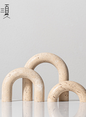 侘寂风黄洞石拱形摆件办公室装饰小众高级感客厅样板间软装工艺品