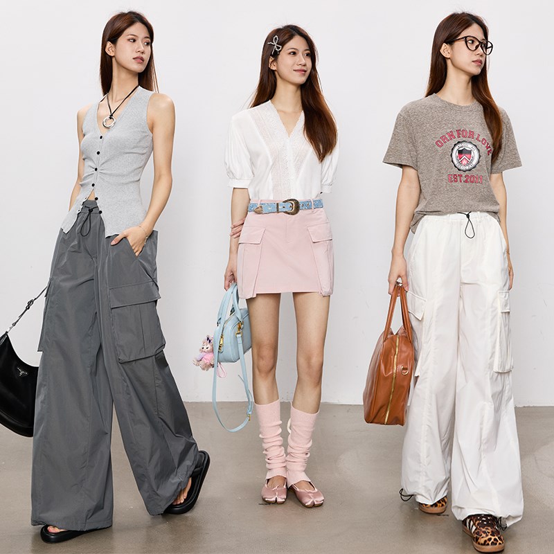 现货 P牌合作款 凉感三醋酸复古山系工装风抽绳休闲阔腿裤+半裙女