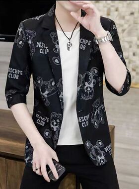 夏季男士西服韩版外套修身七分上衣潮流印花休闲西装帅气薄款中袖