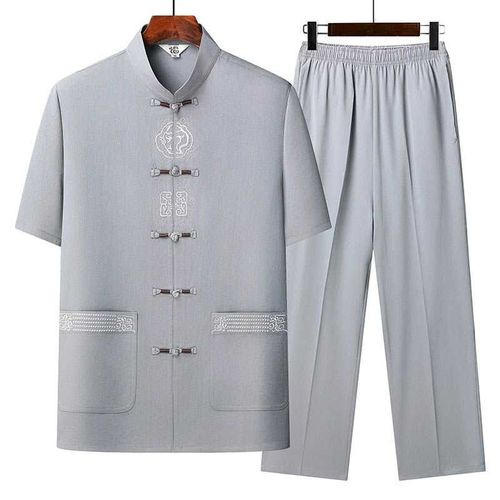 老年人男士爸爸装夏季休闲唐装中国风薄款宽松短袖爷爷盘扣套装