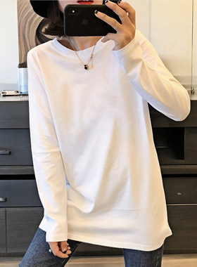中长款白色打底衫女秋冬内搭可外穿宽松大码圆领长袖t恤加绒上衣
