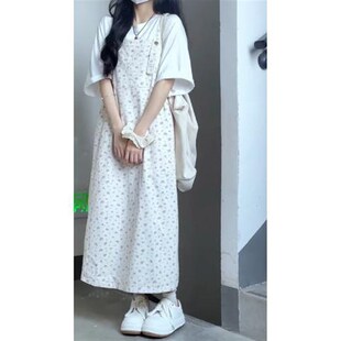 碎花背带连衣裙女夏季2024新款小清新减龄学生薄款宽松吊带长裙子