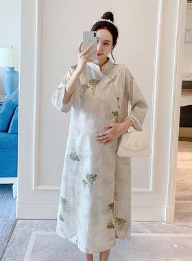 孕妇装棉麻旗袍改良汉服复古民国茶服春秋夏季宽松文艺袍子连衣裙