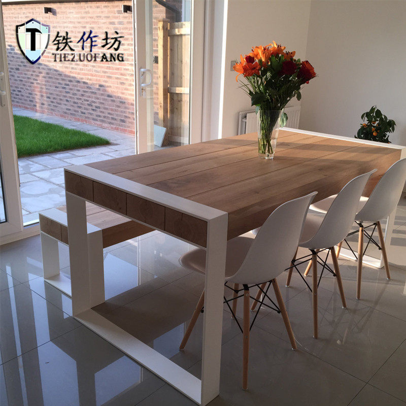 美式实木铁艺餐桌餐椅酒店咖啡厅西餐厅奶茶店火锅店长方形餐桌椅