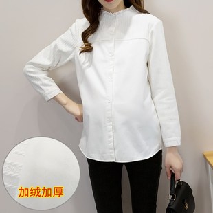 上衣打底绒白衬衫 2024花边立领加绒加厚孕妇衬衣秋冬季 打底孕妇装