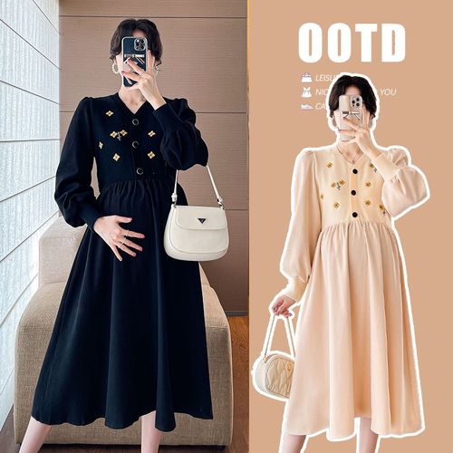 大码孕妇装秋冬款毛衣裙网红针织拼接刺绣宽松连衣裙可哺乳200斤