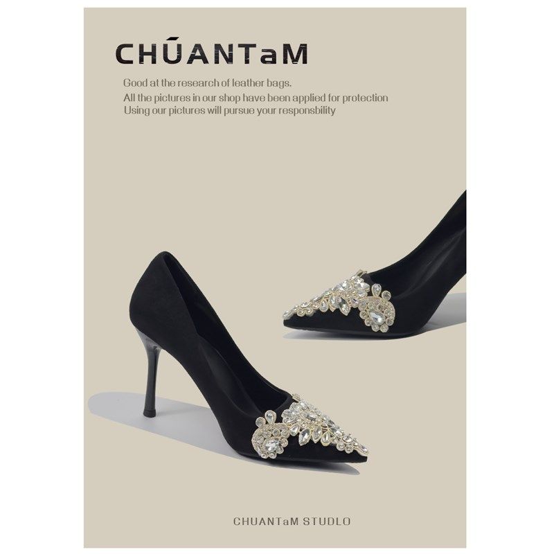 羊皮~法式水钻黑色尖头高跟鞋女y配旗袍2025春秋新款女士单鞋细跟,女鞋,浅口单鞋,淘宝优惠券,粉丝福利购,淘宝优惠卷