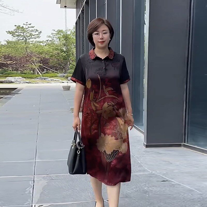 气质妈妈中国风连衣裙50-60岁高档翻领真丝印花长裙大码裙子夏季