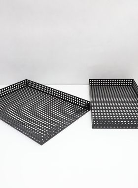 现代简约托盘金属黑网格黑色客厅茶E几茶盘杯盘家居装饰收纳盘摆