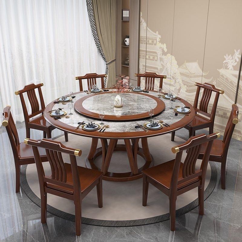 新中式餐桌岩板实木餐桌椅组合家用带转盘10人大圆桌酒店吃饭桌子