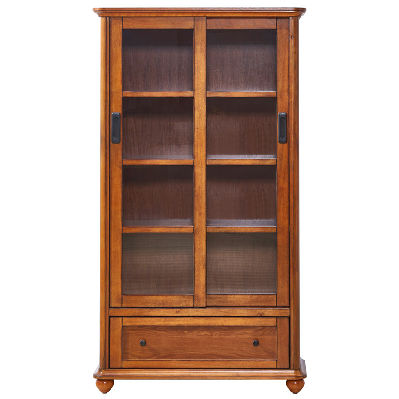 美式实木推拉书柜带玻璃门落地置物书架家用儿童抽拉式小书橱防尘