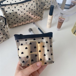 日单黑色爱心网纱化妆包便携旅行洗漱包钱包收纳多功能口红小包包