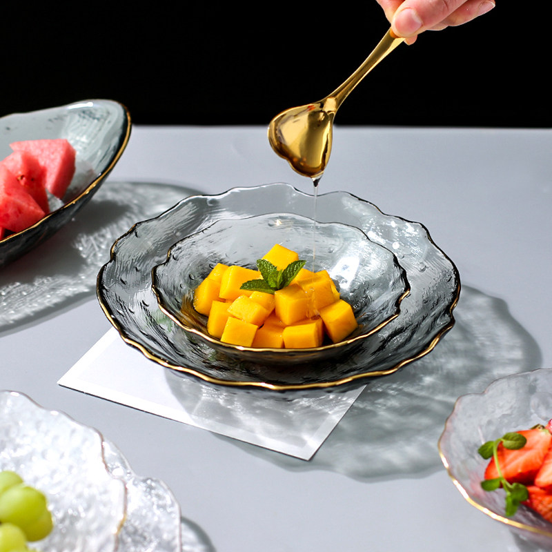 金边玻璃水果盘创意现代客厅茶几北欧风家用糖果干果沙拉点心盘
