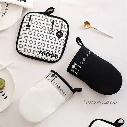 SwanLace精选  北欧风黑白拼色烹饪厨具插画图案隔热纯棉手套围裙