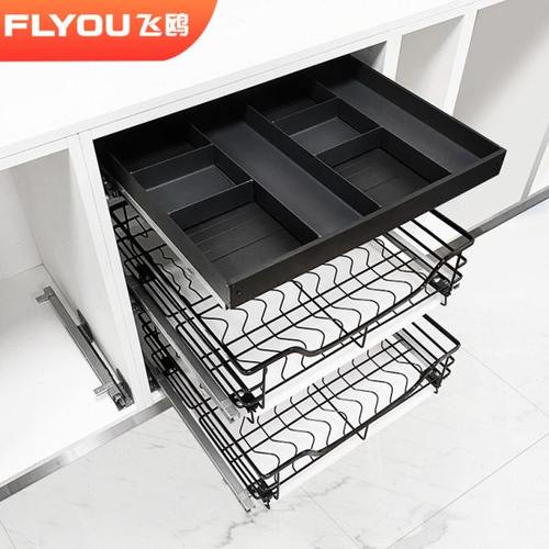 飞鸥不锈钢橱柜碗碟拉篮黑色三层厨房抽屉分隔收纳工具篮置物架