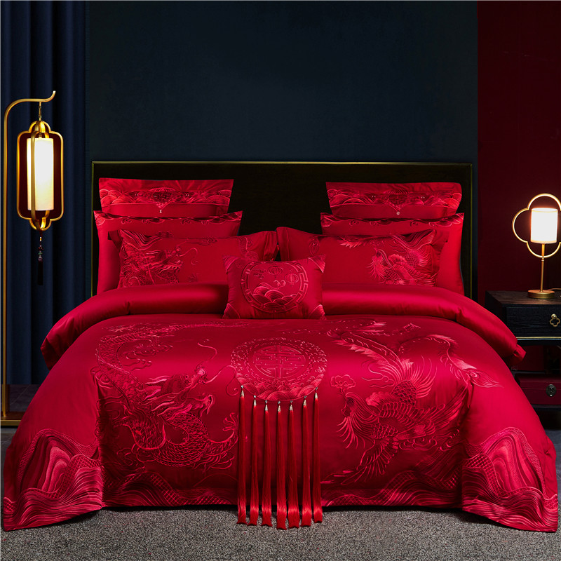 新中式婚庆四f件套龙凤刺绣高端结婚多件套喜被新房床上用品婚房