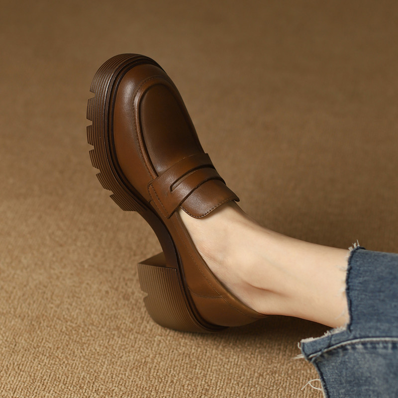 2024春季新款真皮厚底英伦风小皮鞋H女粗跟松糕底复古擦色懒人单