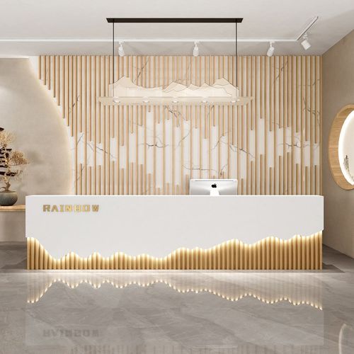 现代美容院收银台原木色吧台公司前台网吧健身房接待台不锈钢柜台