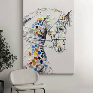 纯手绘油画动物马挂画新中式竖版书房玄关装饰画玄幻壁画大幅落地