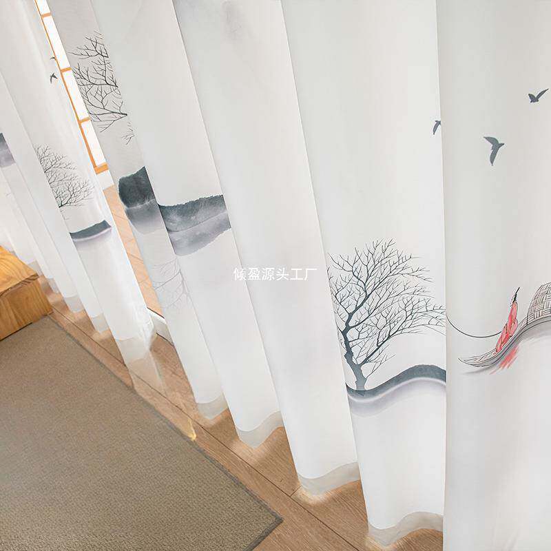 窗帘纱帘飘窗白纱透光不透人免打孔安装杆书房隔断帘中国风山水画