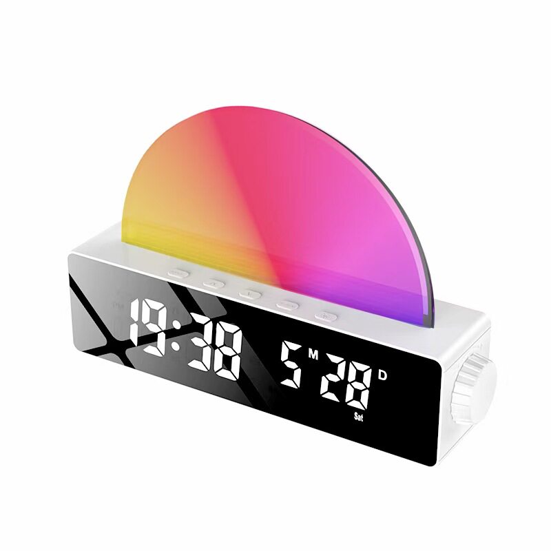 2025智能日出唤醒灯 镜面时钟闹钟起床电子钟床头叫醒氛围小夜灯