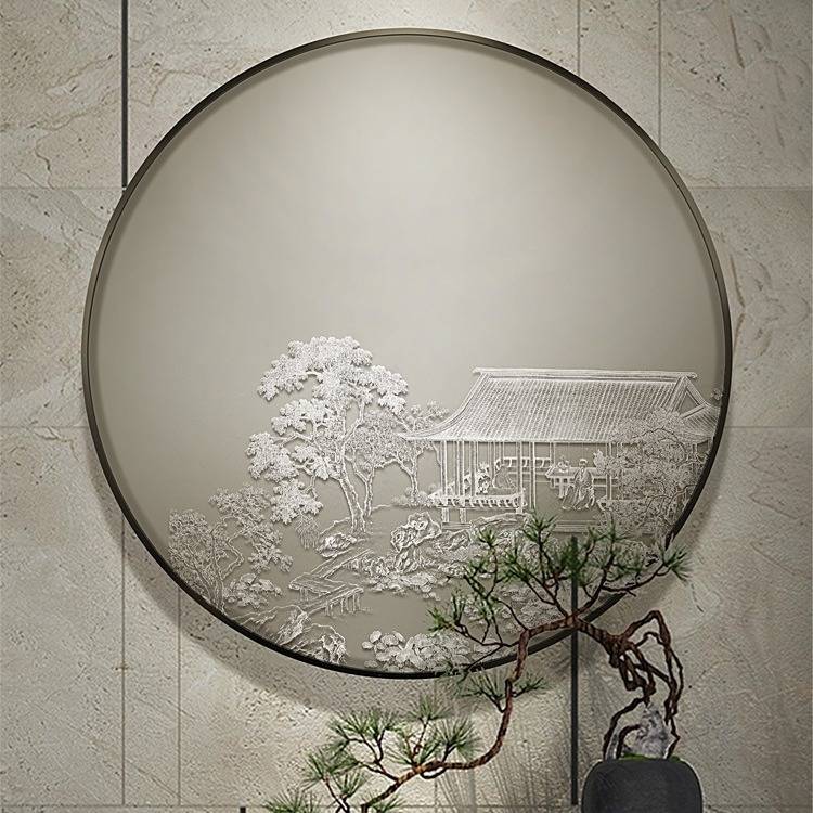 新中式入户玄关壁画禅意装饰画风圆形肌理画浮雕立体山水挂画图片
