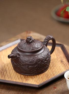 宜名家紫砂壶钟手茶工兴原矿紫泥龙腾四海德茶壶浮雕89421大容量