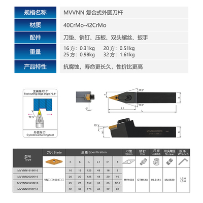 数控车刀具72.5度外圆尖刀刀杆MVVNN1616H/2020K/2525M16车床机架