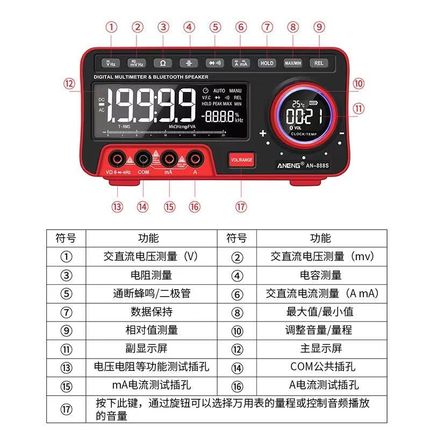 众仪ZT-5566全自动蓝牙音响数字台式万用表4位半高清亮显带温度计