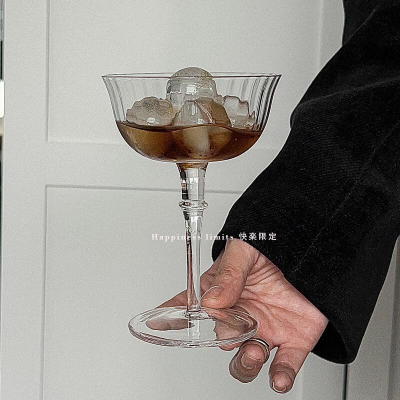 ins竖条纹高脚玻璃杯子冰美式拿铁咖啡杯鸡尾酒杯葡萄酒杯红酒杯