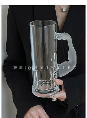 Qumin 大力士手把杯大容量水手果汁杯透明带把手小众高颜值玻璃杯