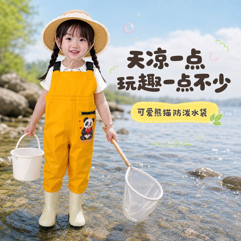 儿童防水钓鱼服背带裤卡通印花涉水裤赶海装备沙滩玩水裤四季通用