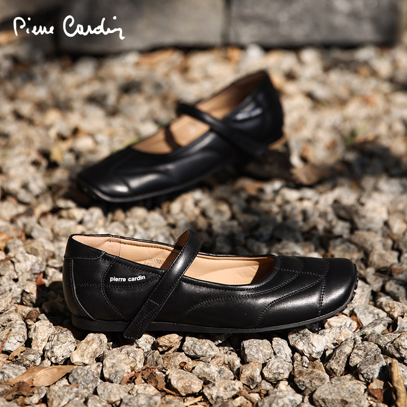 【商场同款】皮尔卡丹女鞋2026春季设计手工缝线黑色真皮玛丽珍鞋
