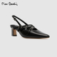 真皮凉鞋 皮尔卡丹尖头高跟鞋 25细带摩登扣带后空中粗跟亮感女士鞋