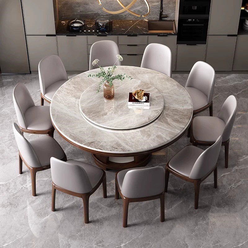 实木餐桌岩板圆桌椅组合现代简约轻奢家用圆M餐桌客厅带转盘吃饭