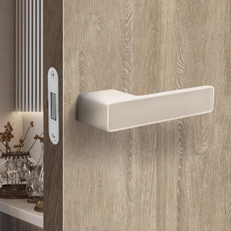 米白色极简门锁室内生态木u门锁具磁吸静音卧室门把手奶油风房门