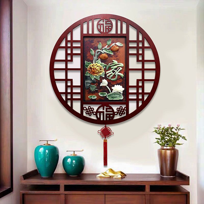 玄关装饰画圆形中式客厅沙发背景墙玉雕挂画走廊卧室挂件餐厅壁画