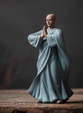 新中式禅意小和尚件创意瓷紫砂小沙弥陶家居茶室桌面JFA装饰品摆