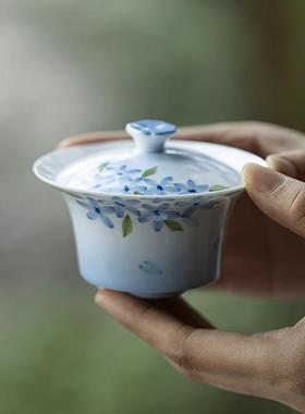墨己玉泥白瓷手绘小蓝渐花VUN变蓝色胎陶瓷盖碗功夫茶具用薄泡茶