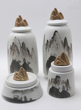 新中式创意墨陶瓷储物罐摆厅件客酒店样水饰YEU板房间茶室禅意软