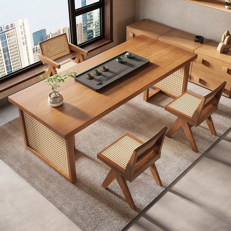 阳台茶桌椅组f合家用轻奢原木茶桌办公室新中式藤编国潮大板茶台