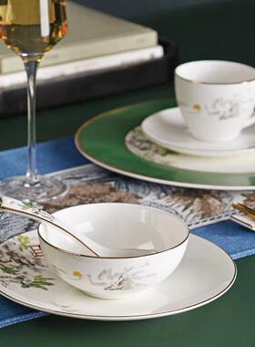 中式酒店摆台陶餐具SLW五件套碗勺杯碟筷餐厅会所山水瓷画餐具套