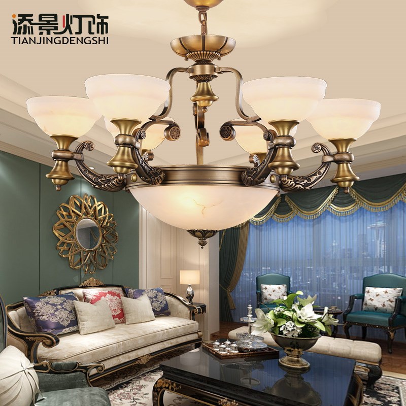 添景全铜吊灯欧式仿云石铸铜雕花客厅G灯具纯铜艺术灯复古餐厅灯