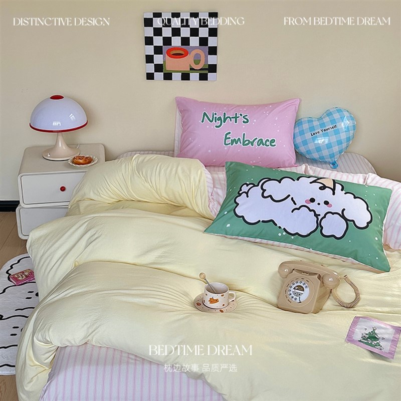 圣诞小狗卡通裸睡水洗棉四v件套床上用品可爱被套床单人学生三件