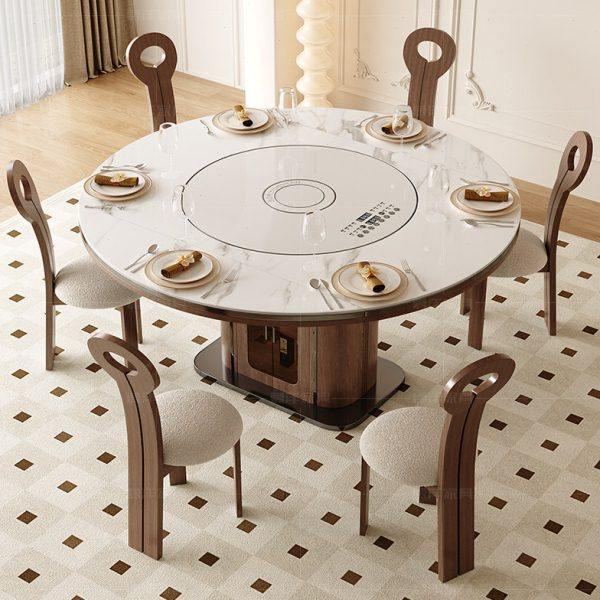 实木可变圆桌家用中古风复古岩板可伸缩内嵌转盘电磁炉餐桌椅组合,住宅家具,岩板餐桌,淘宝优惠券,粉丝福利购,淘宝优惠卷