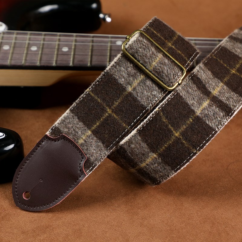 手工制作高级感深咖色p格子电吉他背带通用贝斯肩带民谣木吉他背