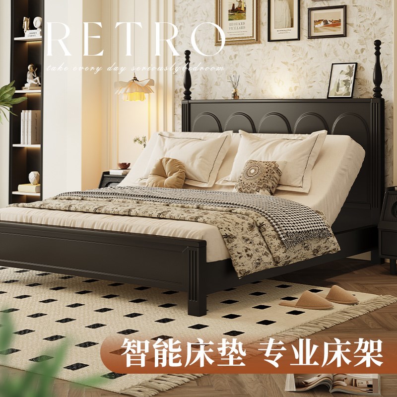 法式复古实木床电动床架床头适配智能G床垫框架自动升降中古风双图片