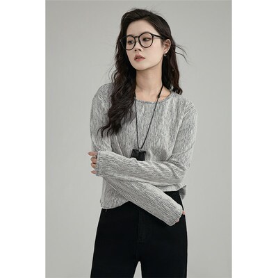HUIXI肌理感长袖T恤女2025春新款小众宽松百搭显瘦打底上衣